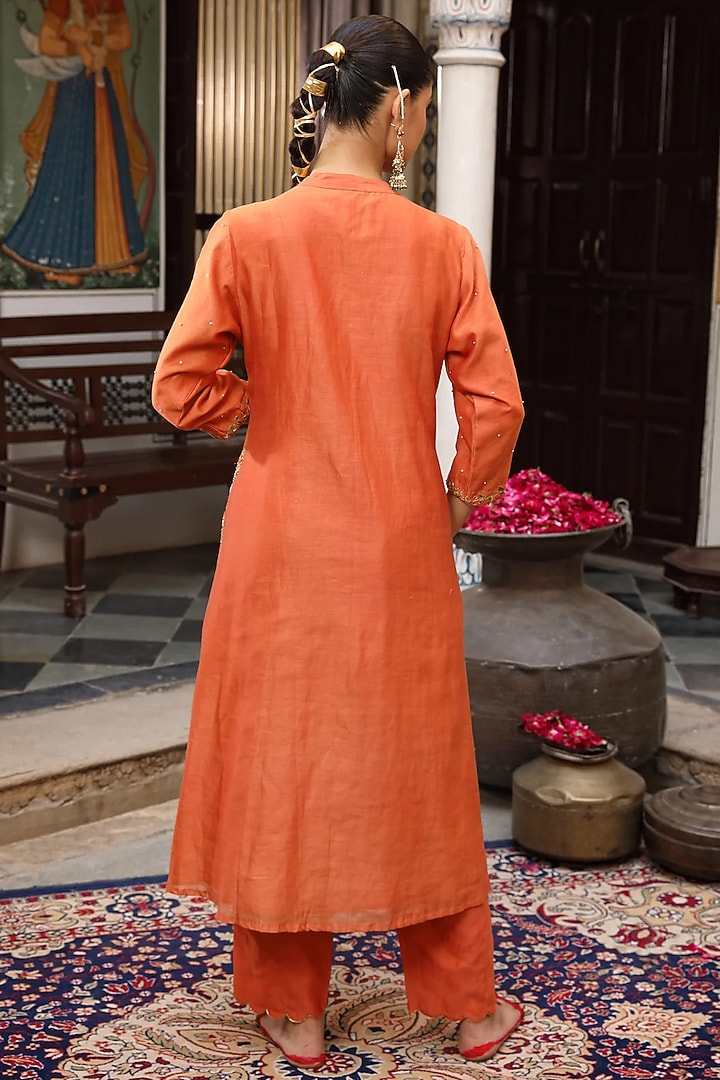 Orange Silk Chanderi Hand Embroidered Party Wear Anarkali Set by AMOREE at Pernia's Pop Up Shop