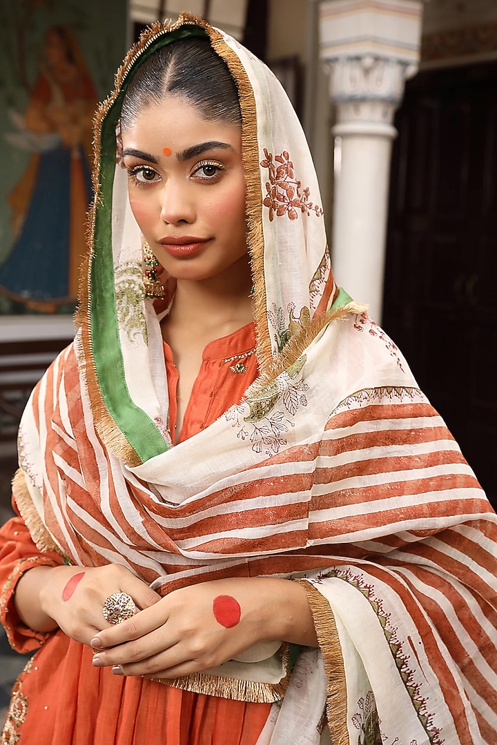 Orange Silk Chanderi Hand Embroidered Party Wear Anarkali Set by AMOREE at Pernia's Pop Up Shop