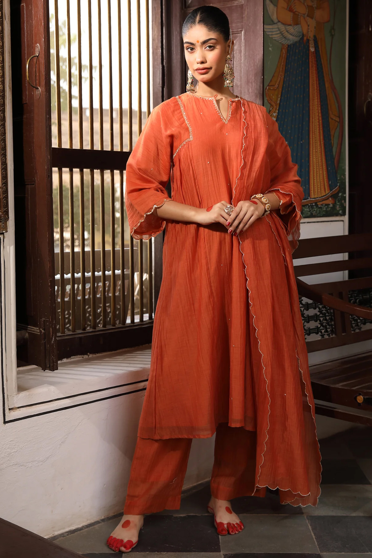 Rust Orange Silk Chanderi Hand Embroidered Kurta Set by AMOREE at Pernia's Pop Up Shop