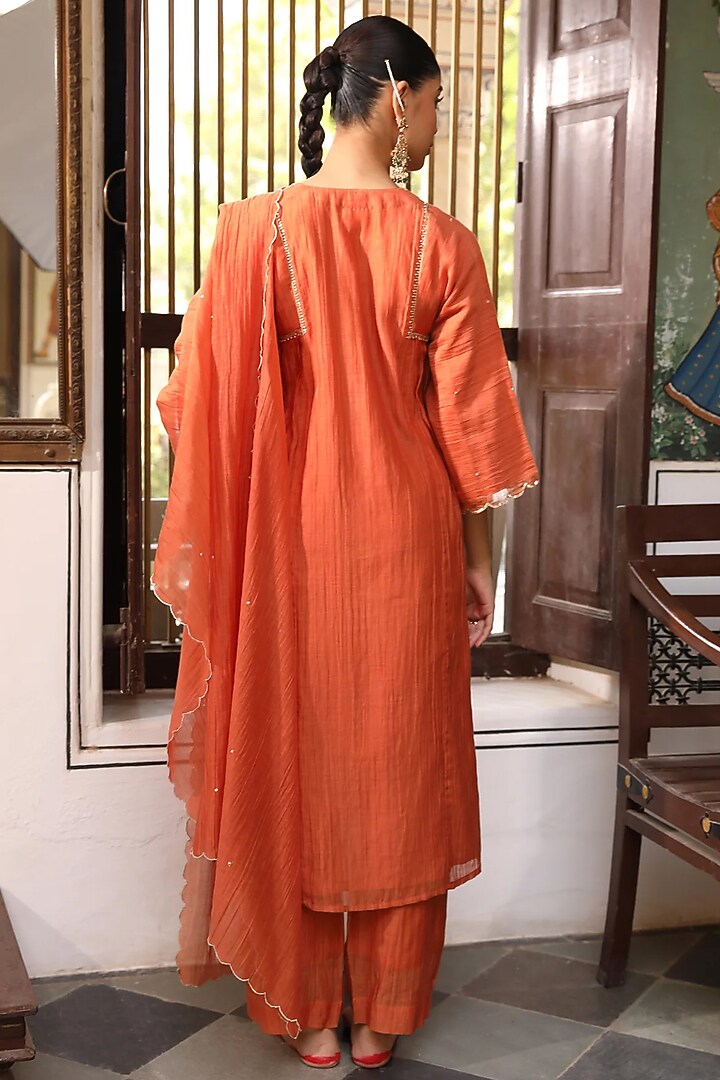 Rust Orange Silk Chanderi Hand Embroidered Kurta Set by AMOREE at Pernia's Pop Up Shop