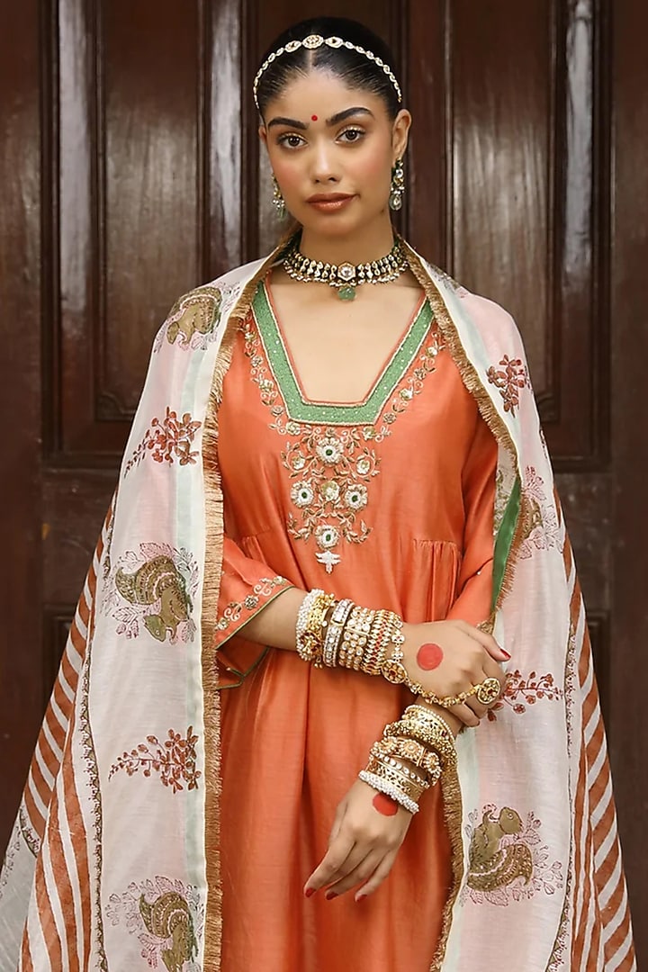 Rust Orange Silk Chanderi Hand Embroidered Wedding Anarkali Set by AMOREE at Pernia's Pop Up Shop