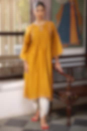 Mustard Cotton Chanderi Hand Embroidered Kurta Set by AMOREE at Pernia's Pop Up Shop