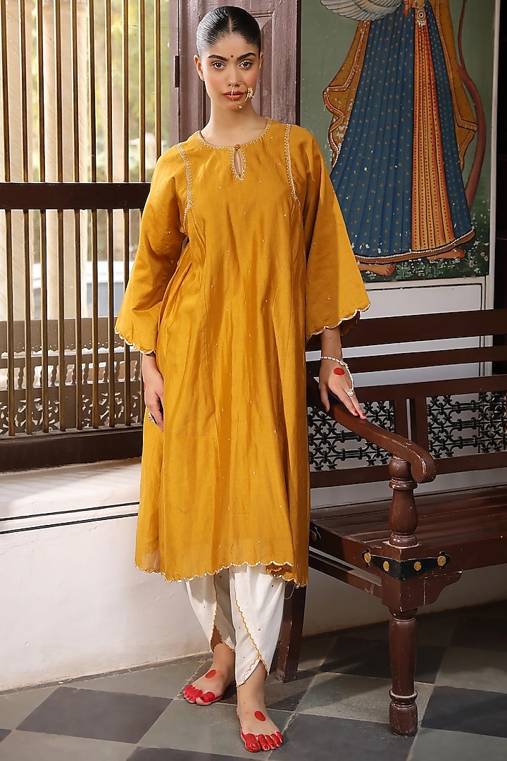 Mustard Cotton Chanderi Hand Embroidered Kurta Set by AMOREE at Pernia's Pop Up Shop