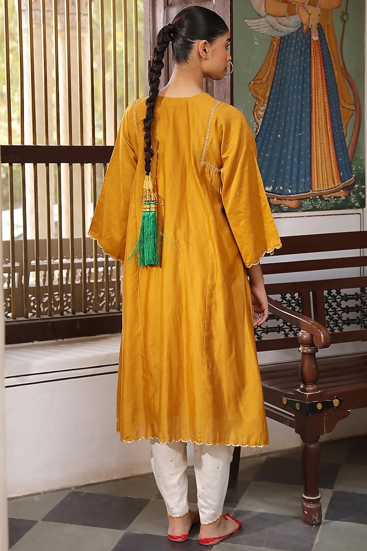 Mustard Cotton Chanderi Hand Embroidered Kurta Set by AMOREE at Pernia's Pop Up Shop