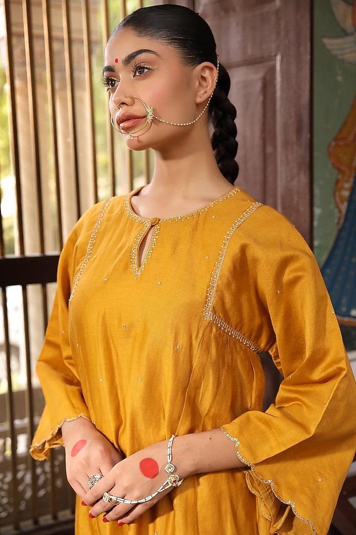 Mustard Cotton Chanderi Hand Embroidered Kurta Set by AMOREE at Pernia's Pop Up Shop