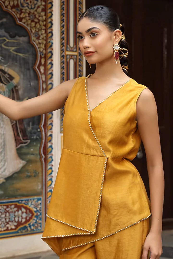 Mustard Chanderi Silk Hand Embroidered Co-Ord Set by AMOREE at Pernia's Pop Up Shop
