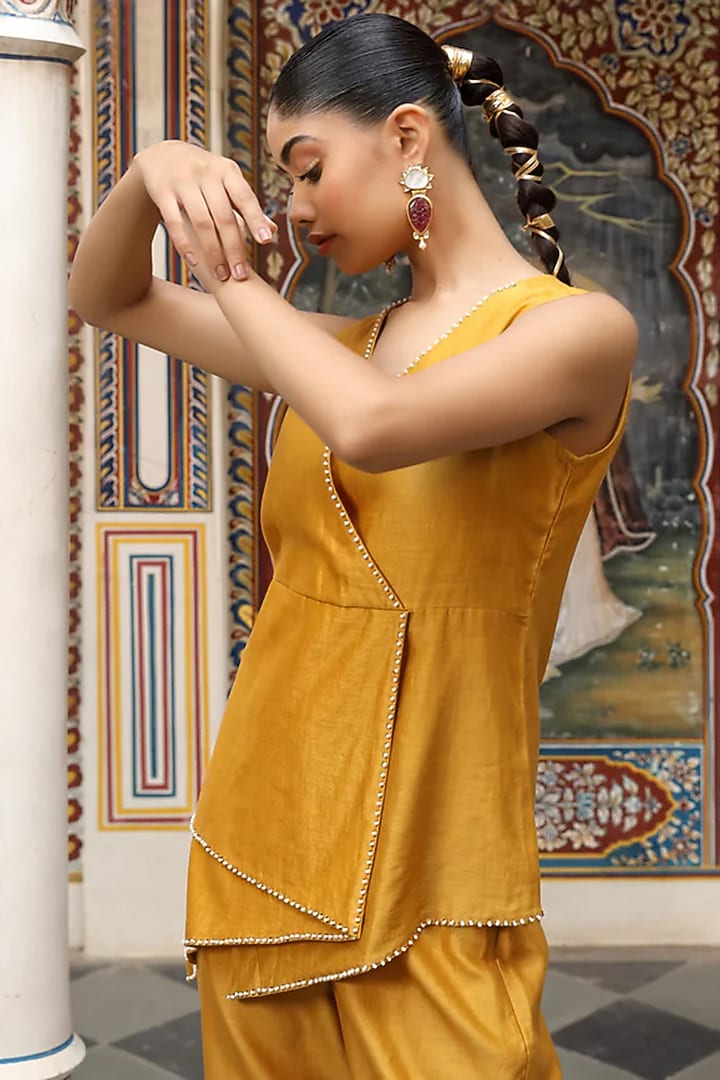 Mustard Chanderi Silk Hand Embroidered Co-Ord Set by AMOREE at Pernia's Pop Up Shop