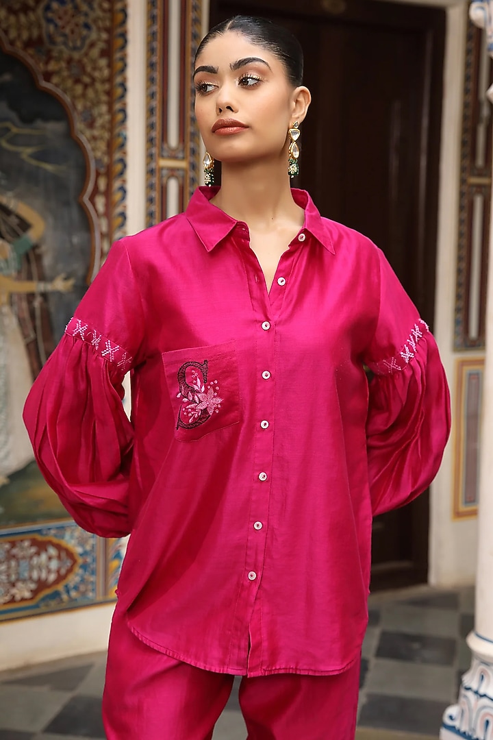 Pink Silk Chanderi Hand Embroidered Co-Ord Set by AMOREE at Pernia's Pop Up Shop