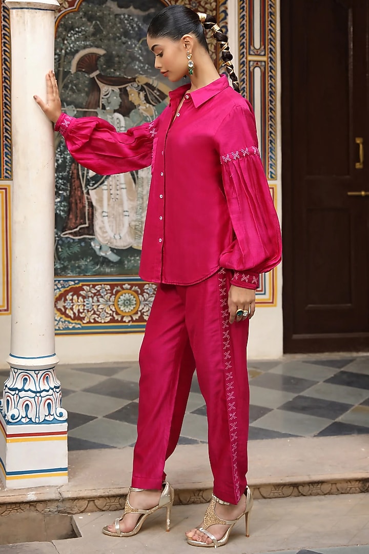 Pink Silk Chanderi Hand Embroidered Co-Ord Set by AMOREE at Pernia's Pop Up Shop