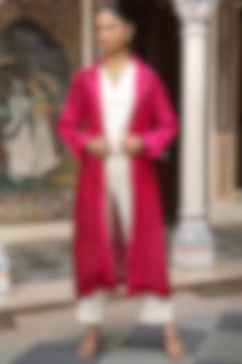 Hot Pink Silk Chanderi & Slub Silk Hand Embroidered Shrug Set by AMOREE at Pernia's Pop Up Shop