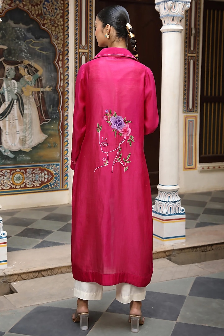 Hot Pink Silk Chanderi & Slub Silk Hand Embroidered Shrug Set by AMOREE at Pernia's Pop Up Shop