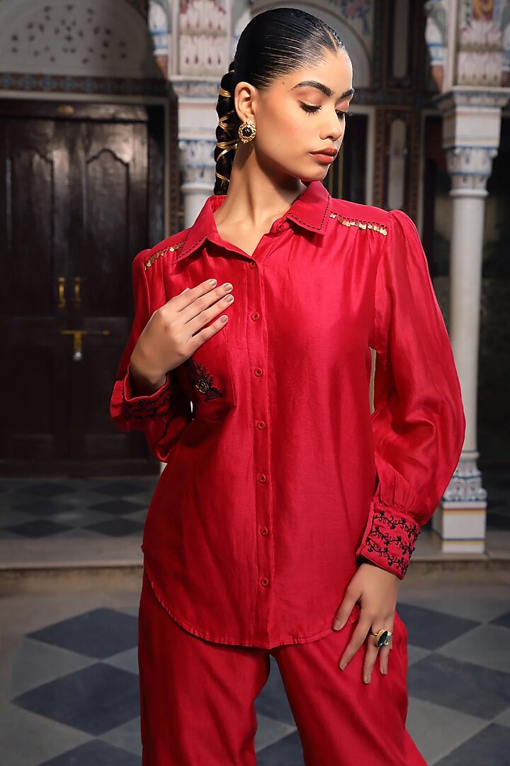Red Silk Chanderi Hand Embroidered Co-Ord Set by AMOREE at Pernia's Pop Up Shop