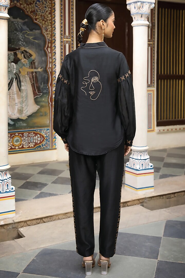 Black Silk Chanderi Hand Embroidered Co-Ord Set by AMOREE at Pernia's Pop Up Shop