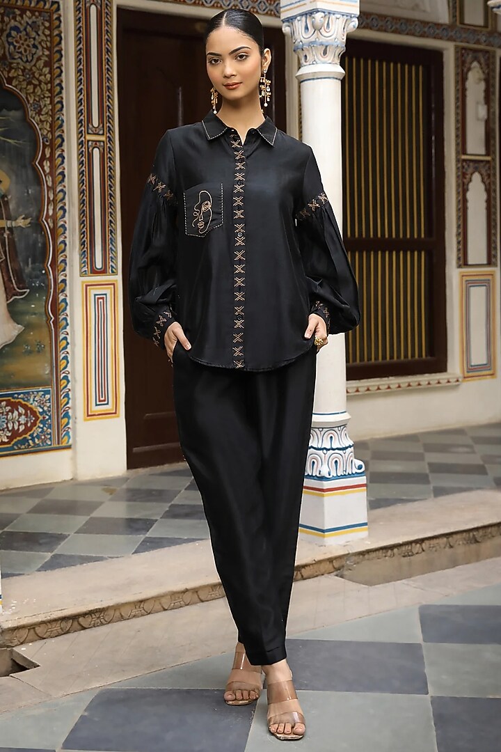 Black Silk Chanderi Hand Embroidered Co-Ord Set by AMOREE at Pernia's Pop Up Shop