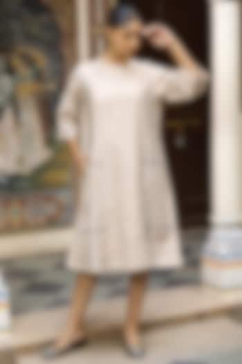 Beige Silk Hand Embroidered Midi A-Line Cocktail Dress by AMOREE at Pernia's Pop Up Shop