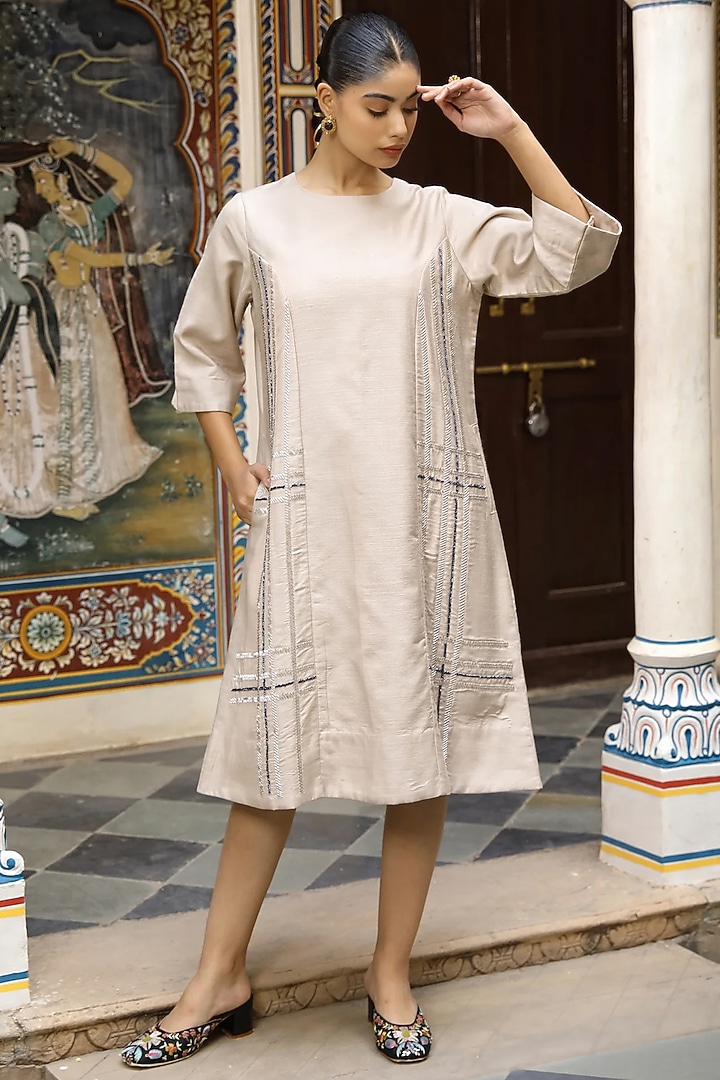 Beige Silk Hand Embroidered Midi A-Line Cocktail Dress by AMOREE at Pernia's Pop Up Shop