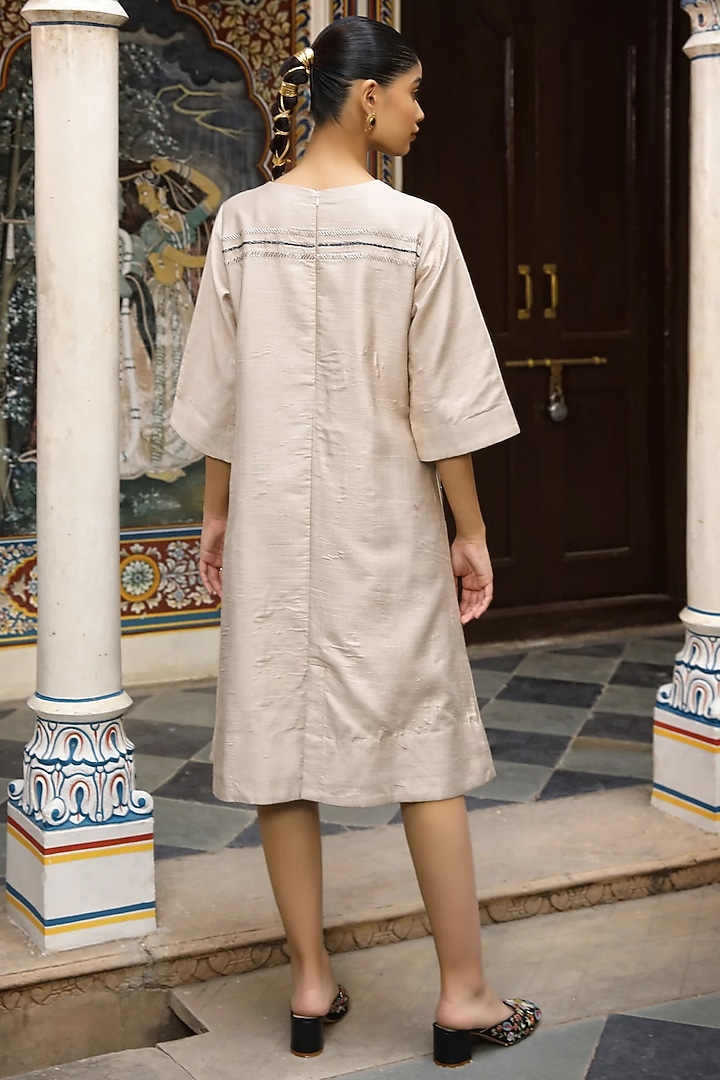 Beige Silk Hand Embroidered Midi A-Line Cocktail Dress by AMOREE at Pernia's Pop Up Shop