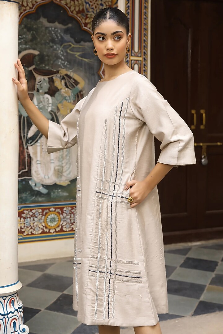 Beige Silk Hand Embroidered Midi A-Line Cocktail Dress by AMOREE at Pernia's Pop Up Shop