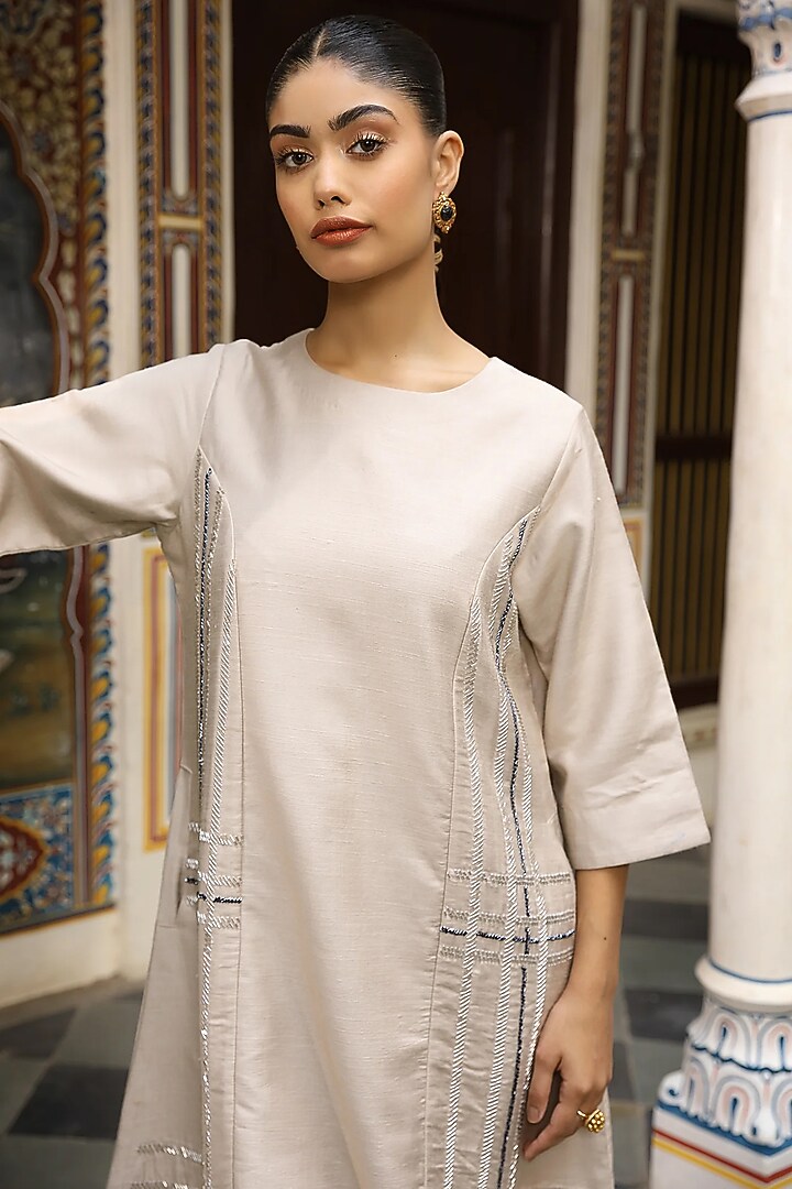 Beige Silk Hand Embroidered Midi A-Line Cocktail Dress by AMOREE at Pernia's Pop Up Shop