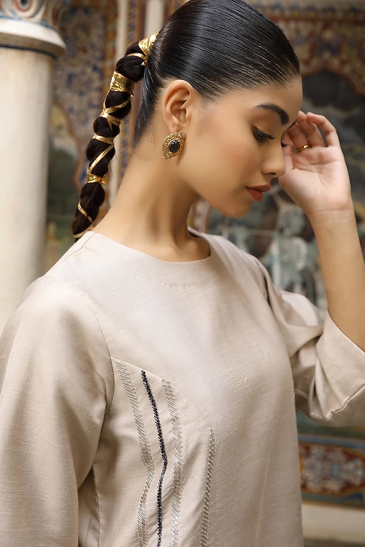 Beige Silk Hand Embroidered Midi A-Line Cocktail Dress by AMOREE at Pernia's Pop Up Shop