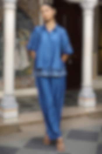 Blue Silk Chanderi Hand Embroidered Co-Ord Set by AMOREE at Pernia's Pop Up Shop