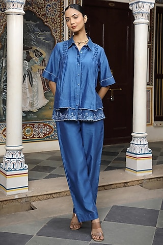 Blue Silk Chanderi Hand Embroidered Co-Ord Set by AMOREE