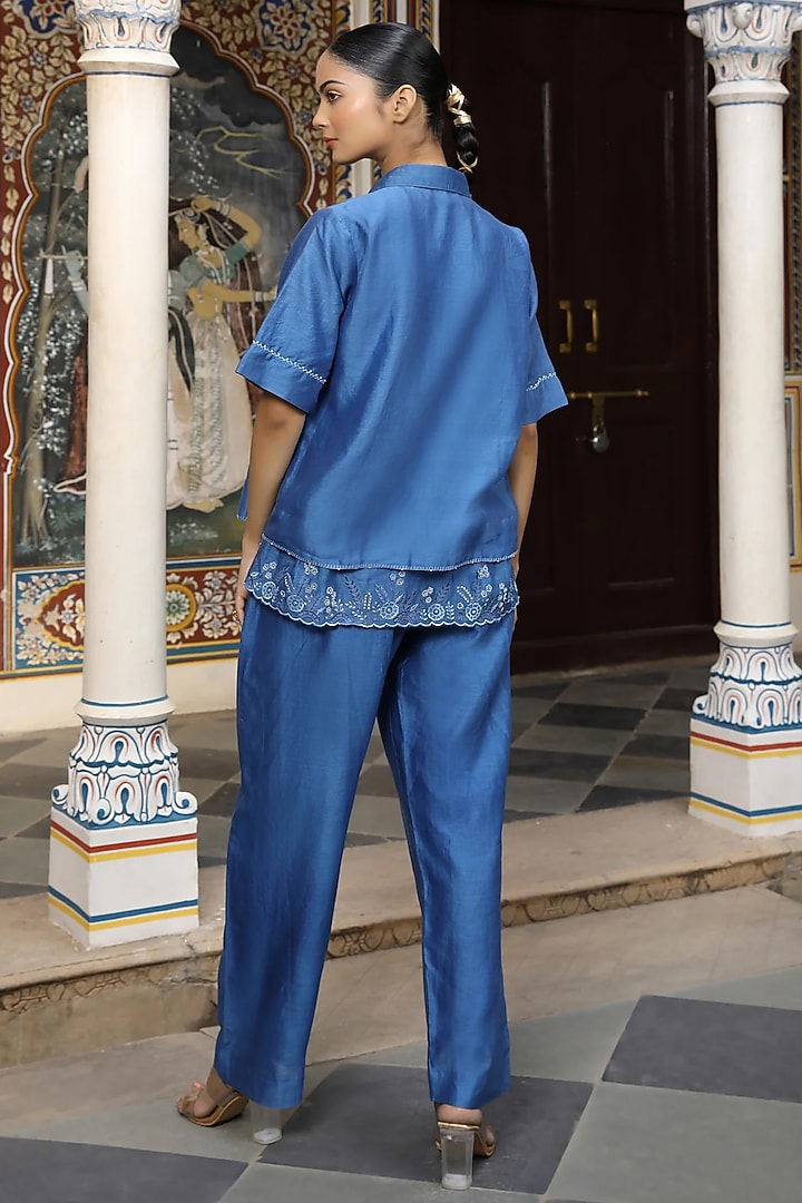 Blue Silk Chanderi Hand Embroidered Co-Ord Set by AMOREE at Pernia's Pop Up Shop