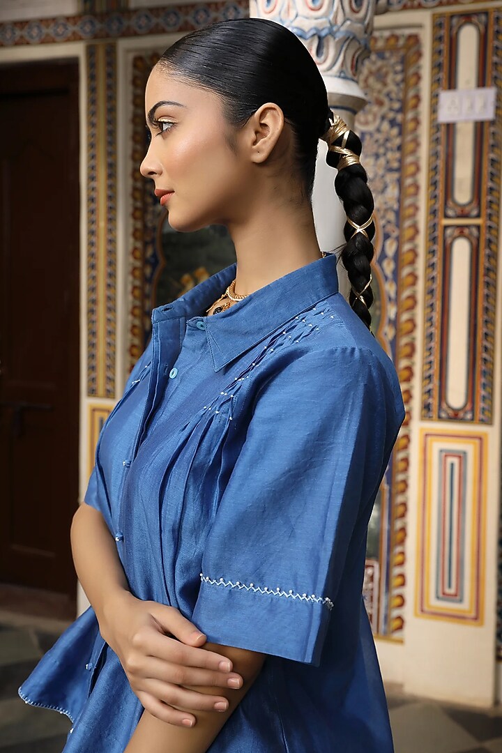Blue Silk Chanderi Hand Embroidered Co-Ord Set by AMOREE at Pernia's Pop Up Shop
