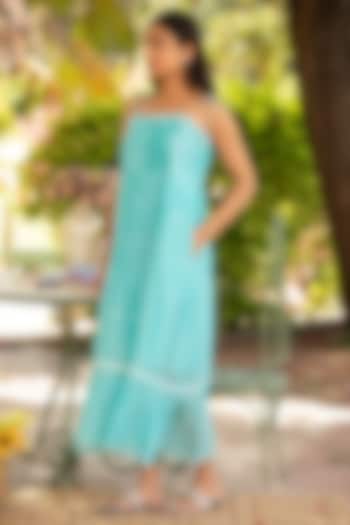 Blue Cotton Silk Block Printed Vacation Dress by AMOREE at Pernia's Pop Up Shop