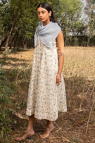 White Cotton Silk Block Printed Dress by AMOREE
