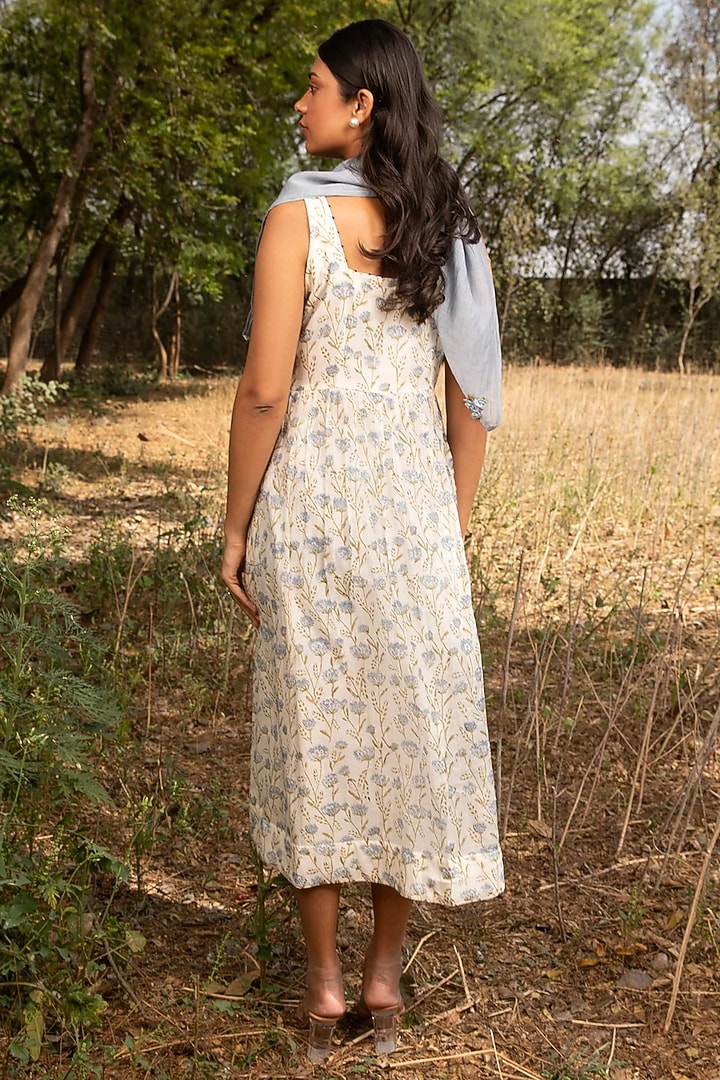 White Cotton Silk Block Printed Vacation Dress by AMOREE at Pernia's Pop Up Shop