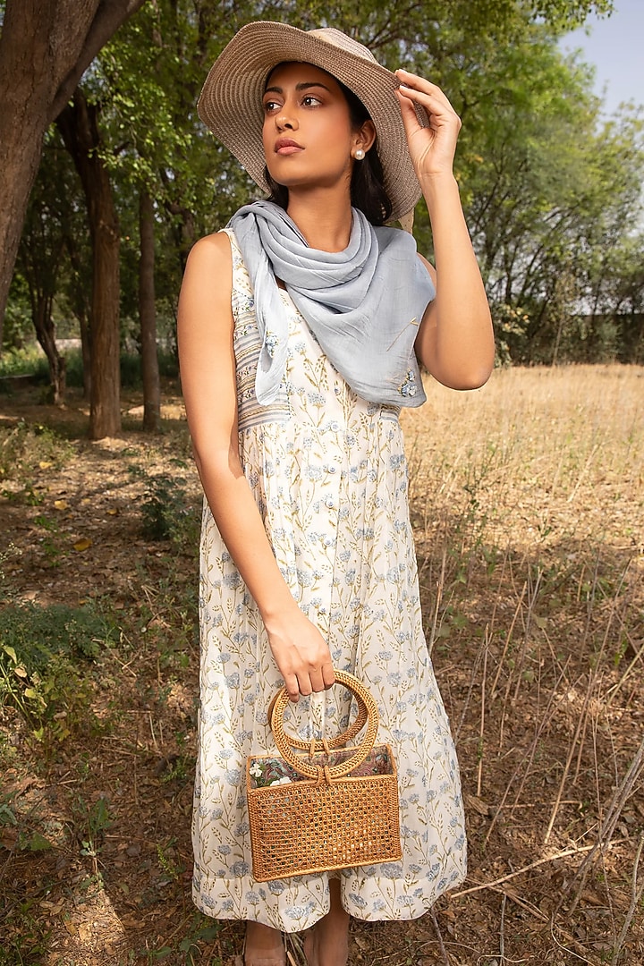 White Cotton Silk Block Printed Vacation Dress by AMOREE at Pernia's Pop Up Shop