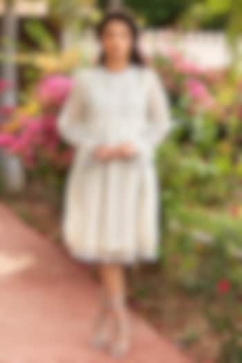 White Cotton Silk Block Printed Frilled Vacation Dress by AMOREE at Pernia's Pop Up Shop