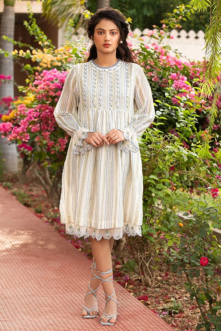 White Cotton Silk Block Printed Frilled Vacation Dress by AMOREE at Pernia's Pop Up Shop