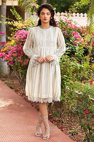 White Cotton Silk Block Printed Frilled Dress by AMOREE