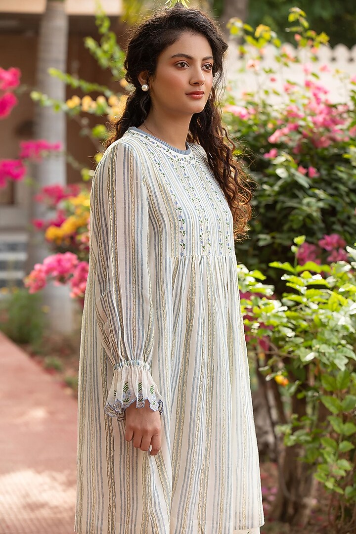 White Cotton Silk Block Printed Frilled Vacation Dress by AMOREE at Pernia's Pop Up Shop