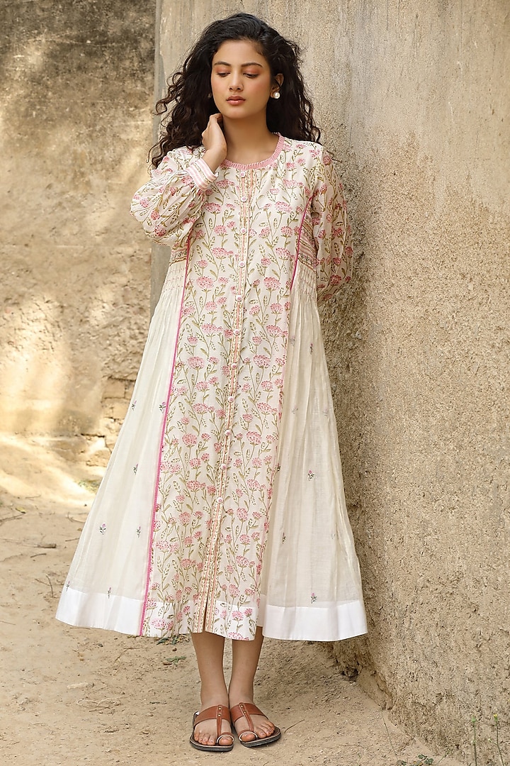 White Cotton Silk Block Printed & Embroidered Vacation Dress by AMOREE at Pernia's Pop Up Shop