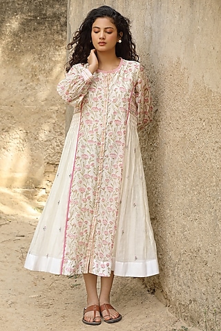 White Cotton Silk Block Printed & Embroidered Dress by AMOREE