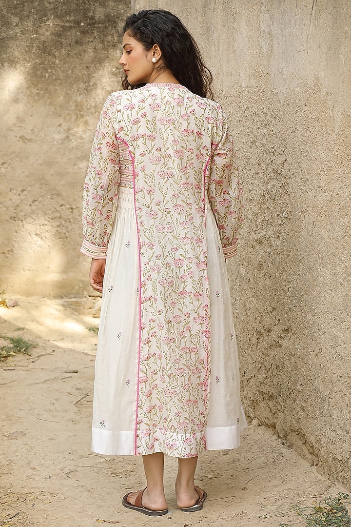 White Cotton Silk Block Printed & Embroidered Vacation Dress by AMOREE at Pernia's Pop Up Shop