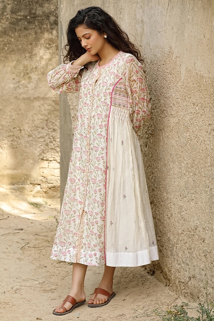White Cotton Silk Block Printed & Embroidered Vacation Dress by AMOREE at Pernia's Pop Up Shop