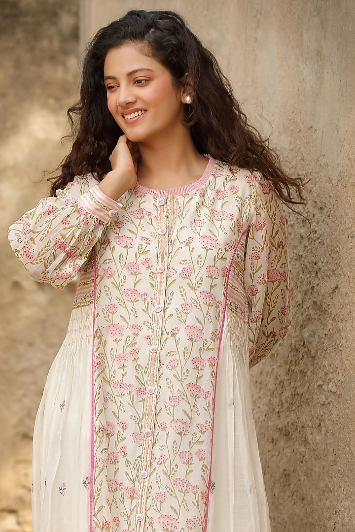 White Cotton Silk Block Printed & Embroidered Vacation Dress by AMOREE at Pernia's Pop Up Shop