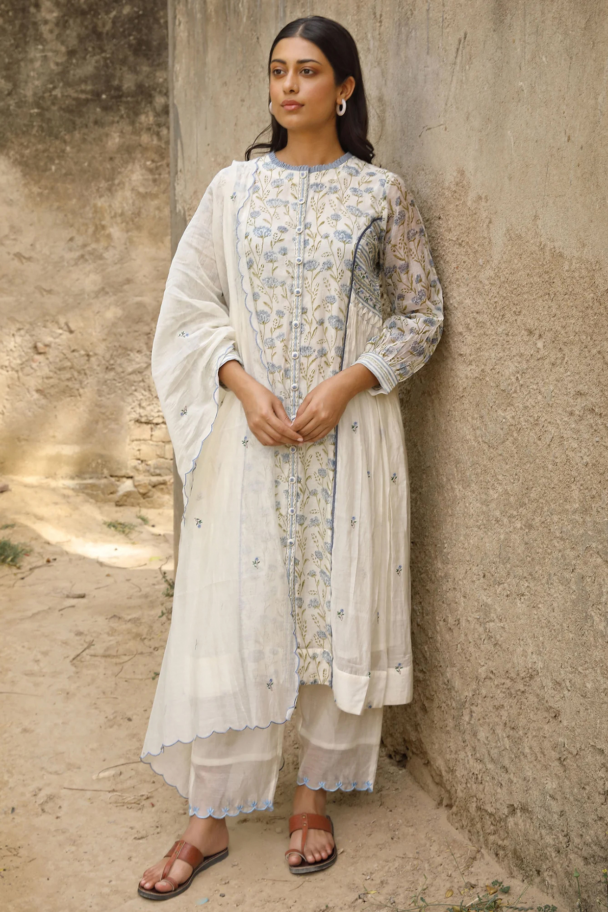 White Cotton Silk Block Printed & Embroidered Kurta Set by AMOREE at Pernia's Pop Up Shop