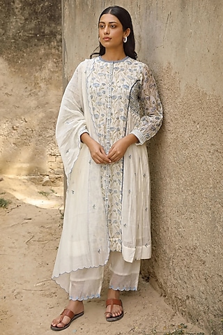 White Cotton Silk Block Printed & Embroidered Kurta Set by AMOREE