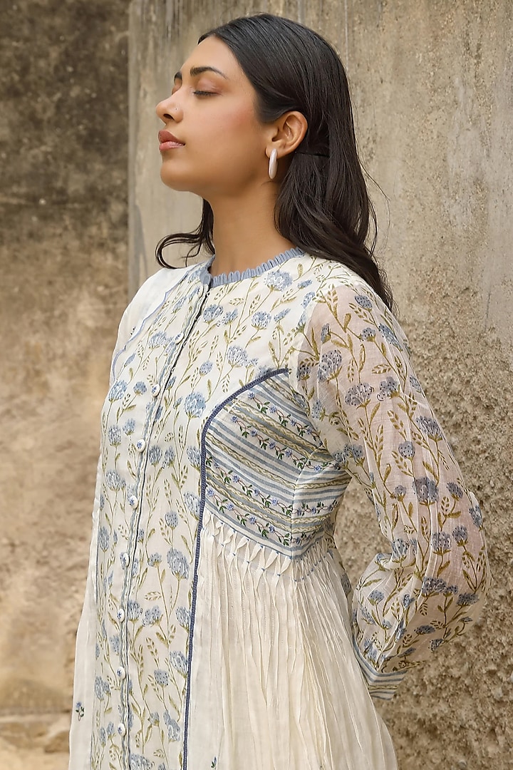 White Cotton Silk Block Printed & Embroidered Kurta Set by AMOREE at Pernia's Pop Up Shop