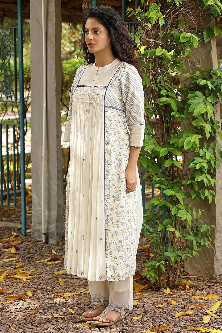 White Cotton Silk Block Printed & Thread Embroidered Kurta Set by AMOREE at Pernia's Pop Up Shop