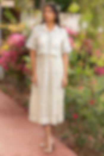 White Cotton Silk Block Printed Jacket Vacation Dress by AMOREE at Pernia's Pop Up Shop