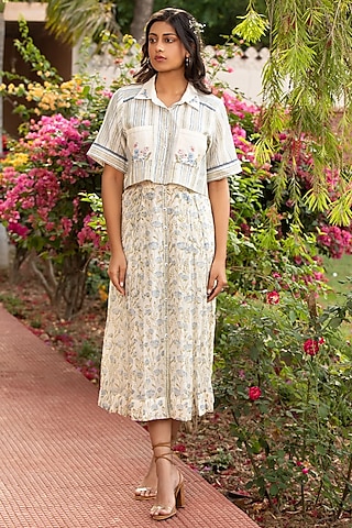 White Cotton Silk Block Printed Jacket Dress by AMOREE