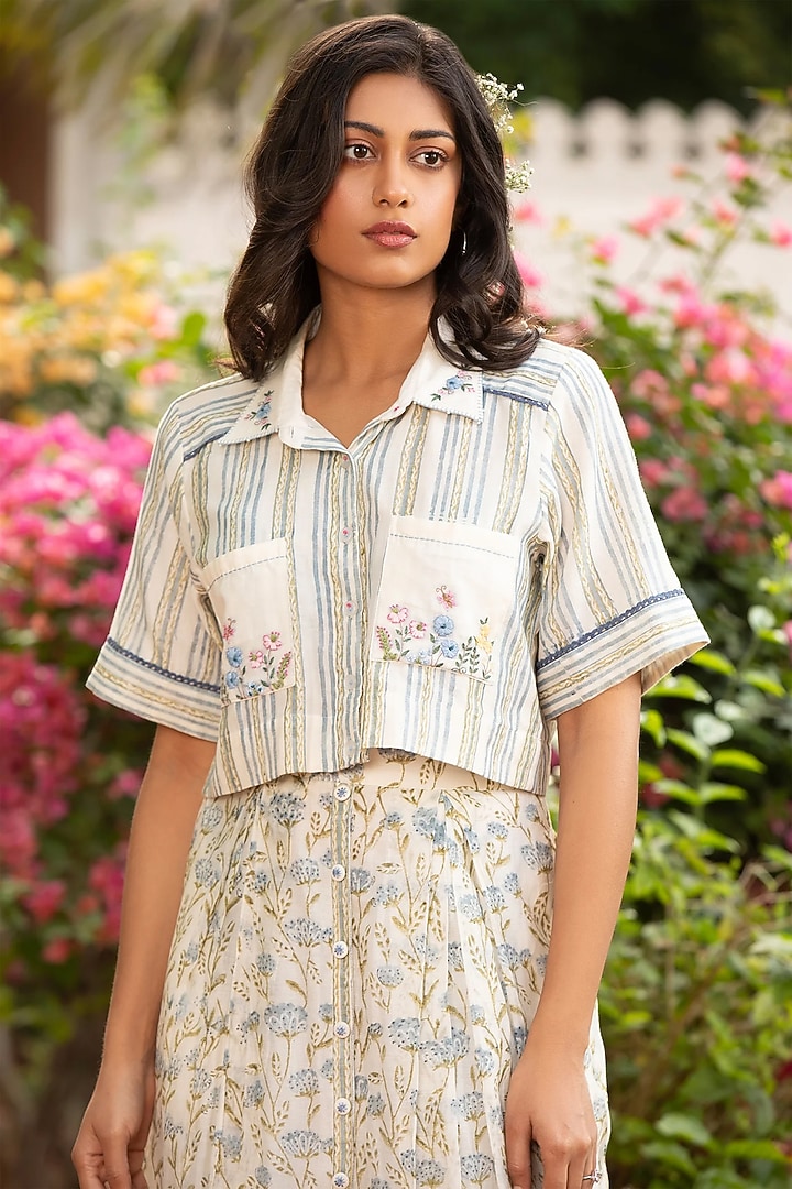 White Cotton Silk Block Printed Jacket Vacation Dress by AMOREE at Pernia's Pop Up Shop