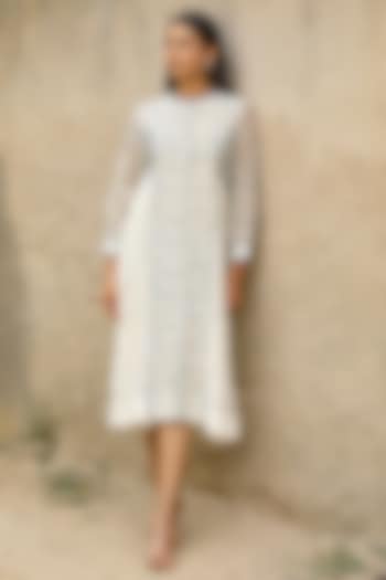 White Cotton Silk Block Printed & Embroidered Vacation Dress by AMOREE at Pernia's Pop Up Shop