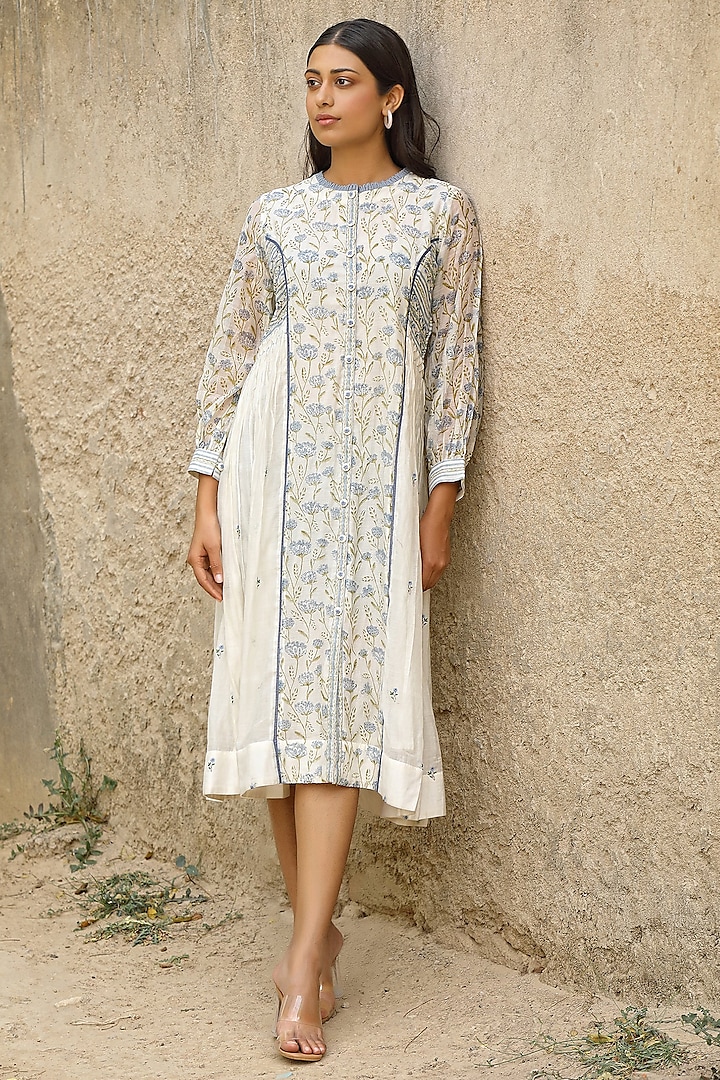 White Cotton Silk Block Printed & Embroidered Vacation Dress by AMOREE at Pernia's Pop Up Shop